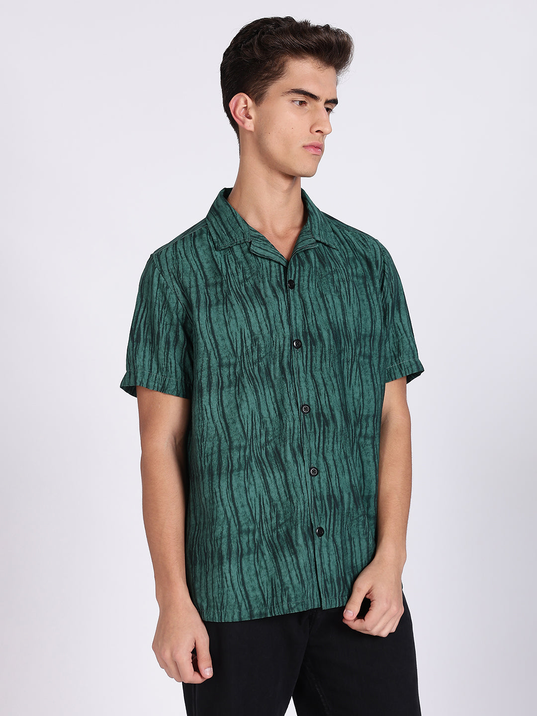 Men Green Camouflage Viscose Cuban Collar Shirt