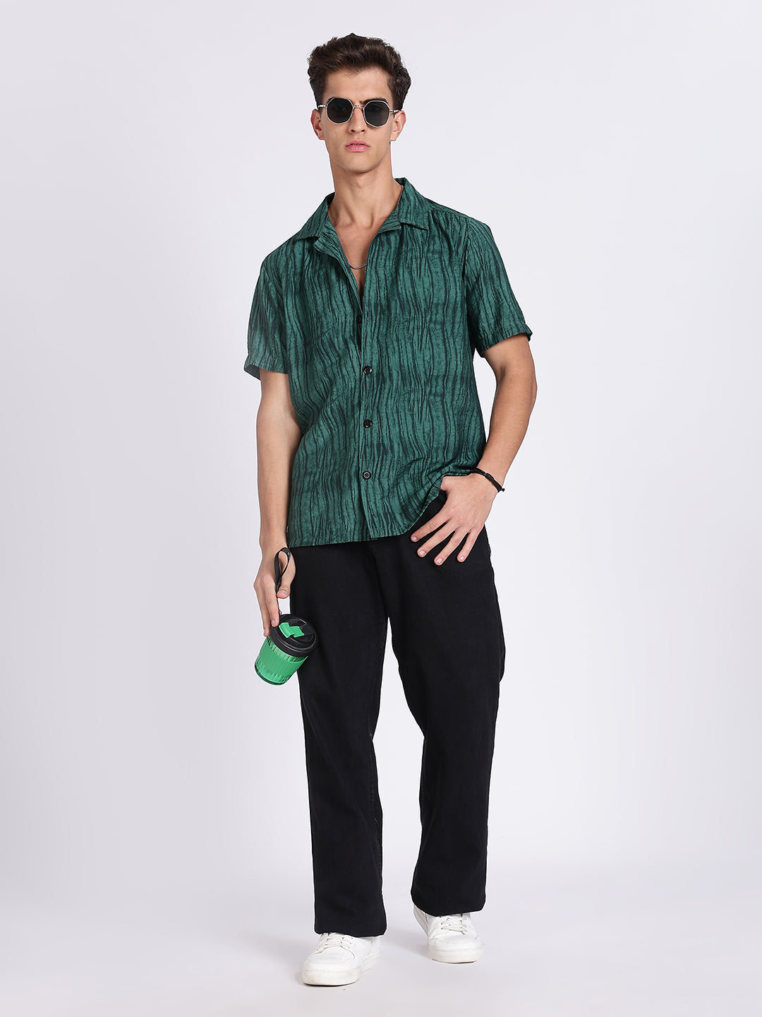 Men Green Camouflage Viscose Cuban Collar Shirt