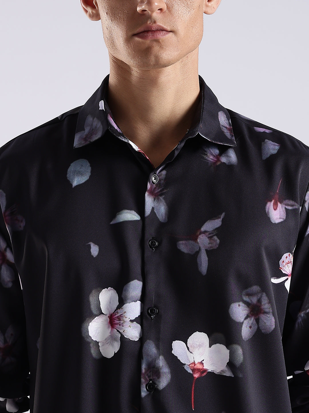 Men Black Satin Floral Printed Shirt