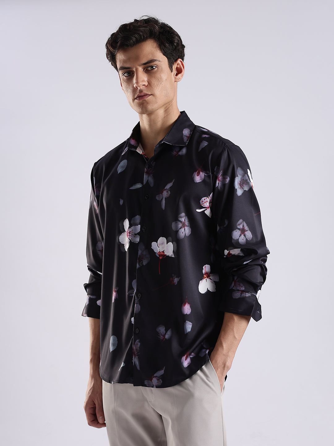 Men Black Satin Floral Printed Shirt