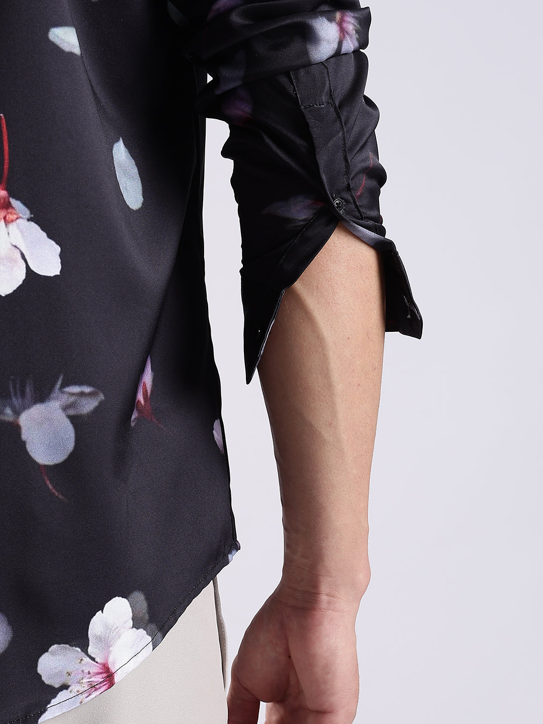 Men Black Satin Floral Printed Shirt