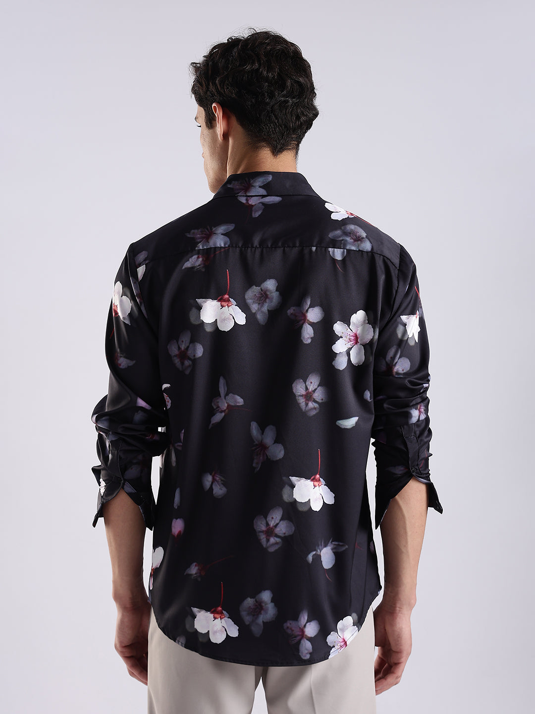 Men Black Satin Floral Printed Shirt