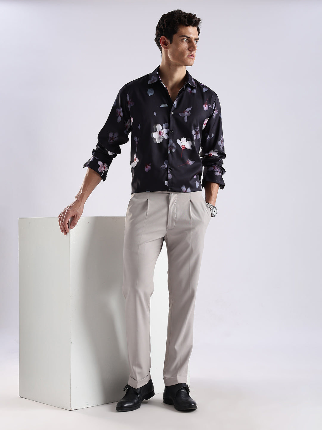 Men Black Satin Floral Printed Shirt
