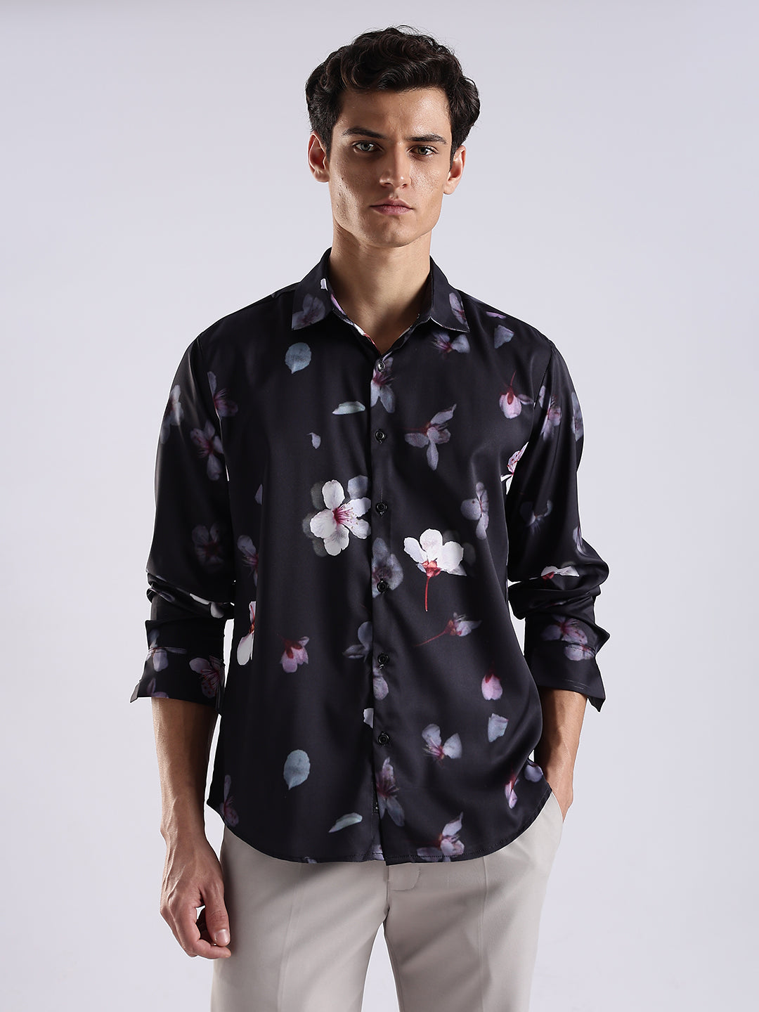 Men Black Satin Floral Printed Shirt
