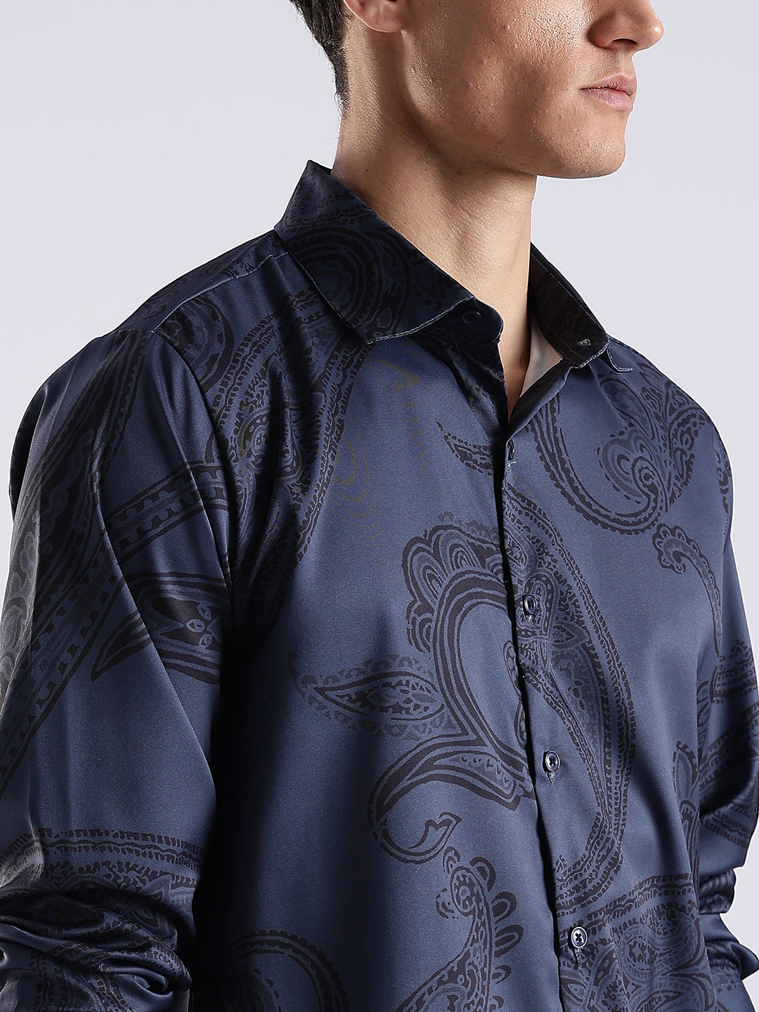 Men Navy Satin Antique Art Printed Shirt