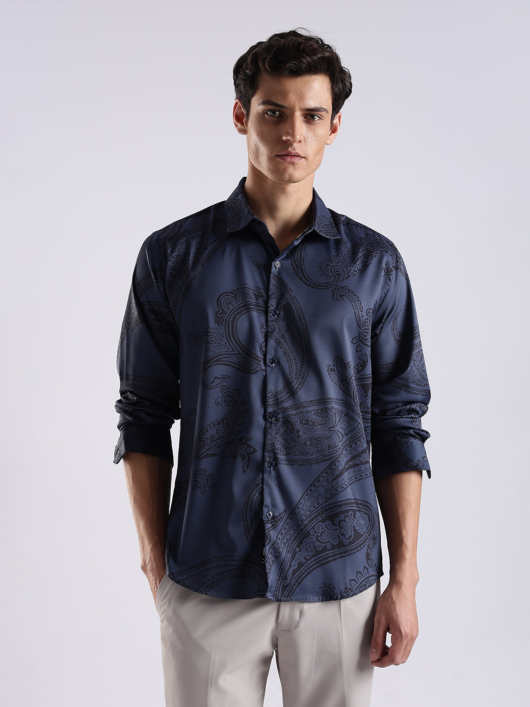 Men Navy Satin Antique Art Printed Shirt