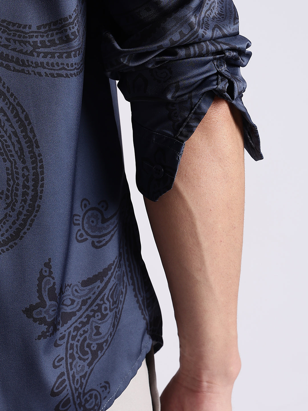 Men Navy Satin Antique Art Printed Shirt