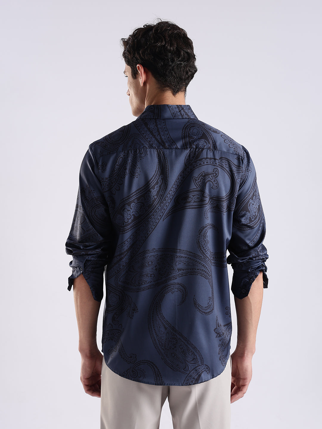 Men Navy Satin Antique Art Printed Shirt