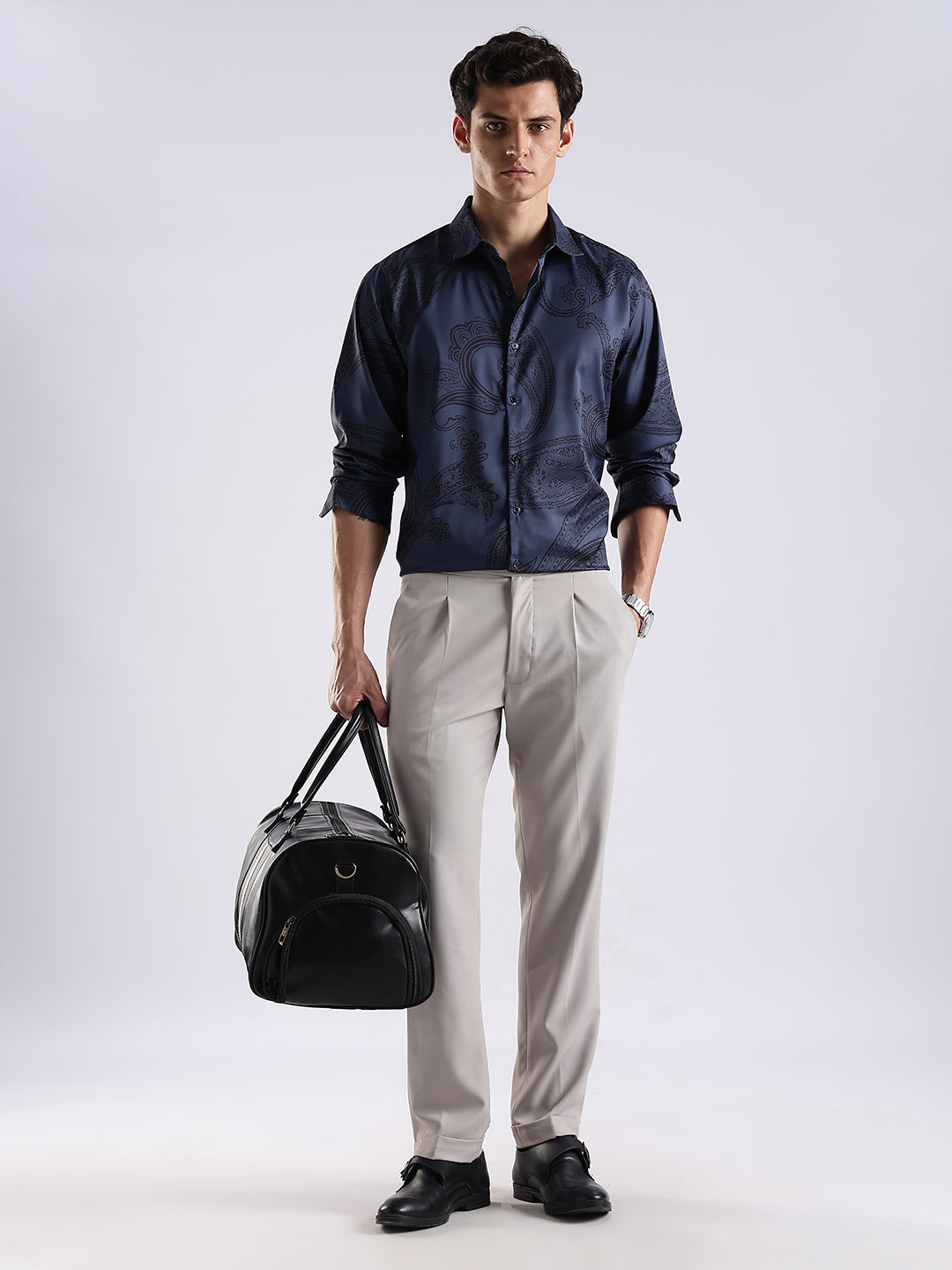 Men Navy Satin Antique Art Printed Shirt