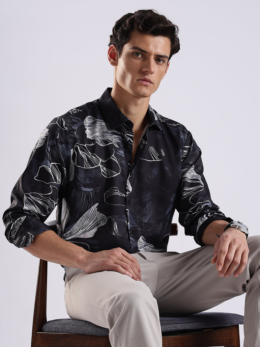 Men Black Satin Floral Art Printed Shirt