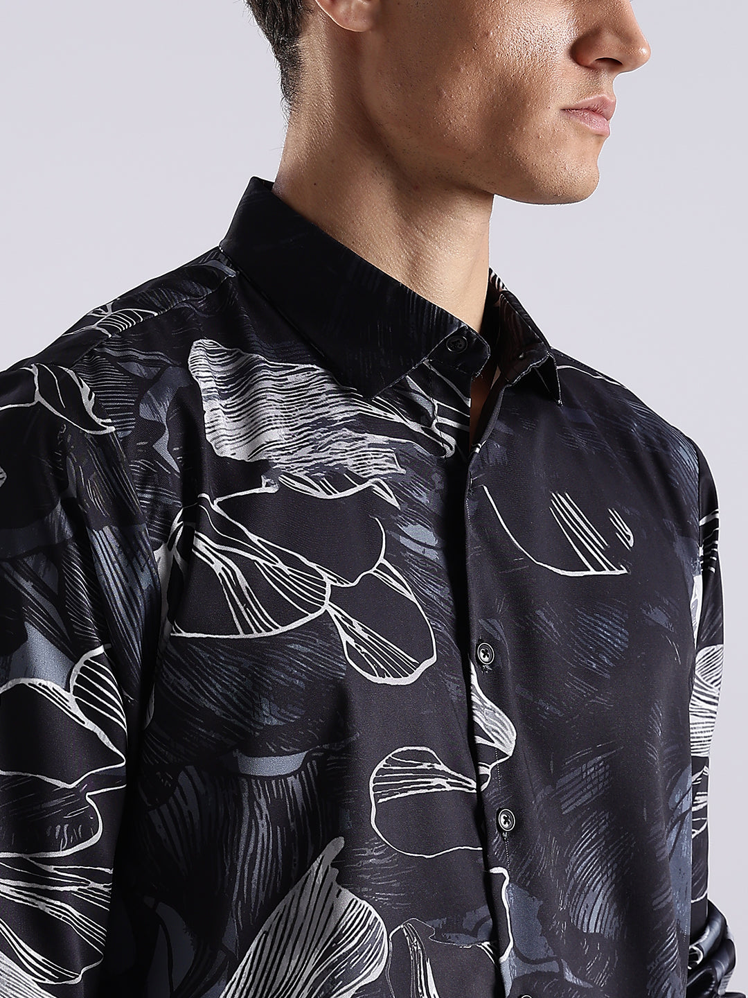 Men Black Satin Floral Art Printed Shirt