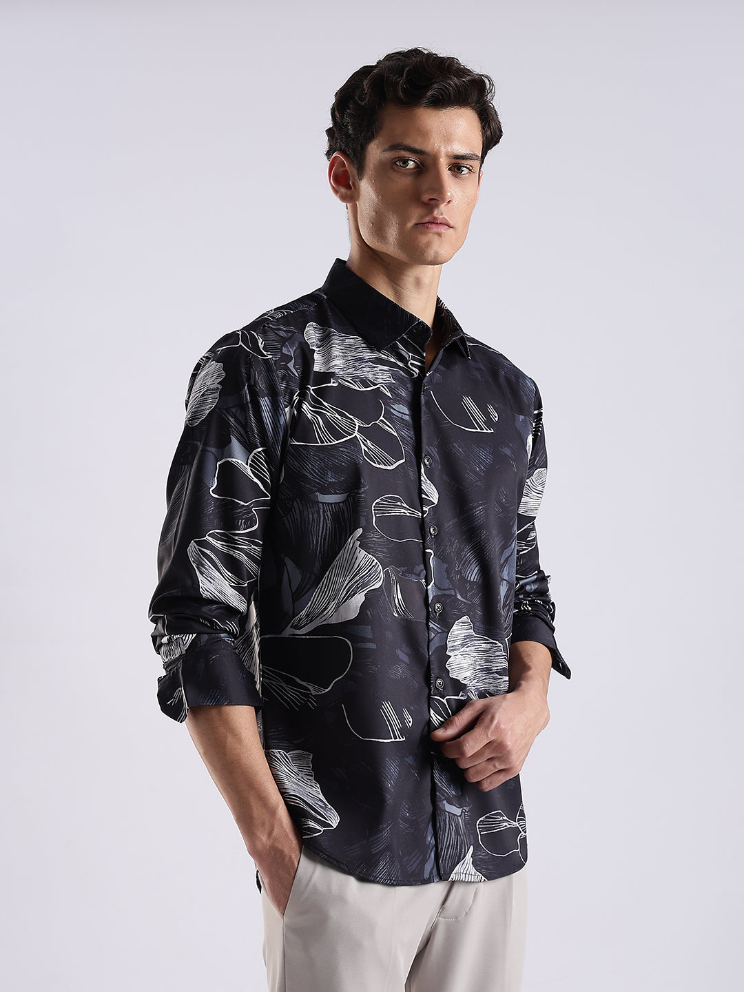Men Black Satin Floral Art Printed Shirt