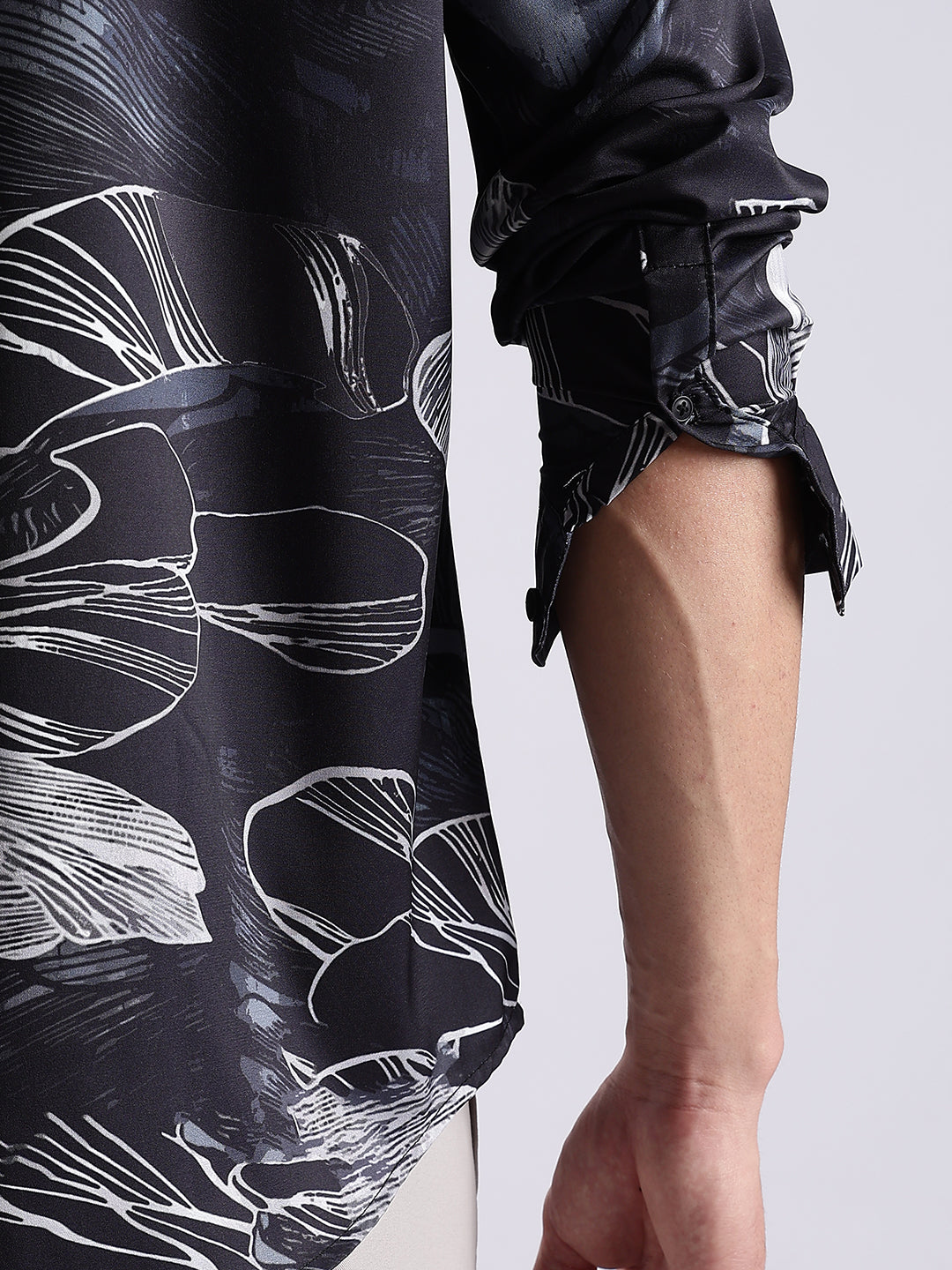 Men Black Satin Floral Art Printed Shirt