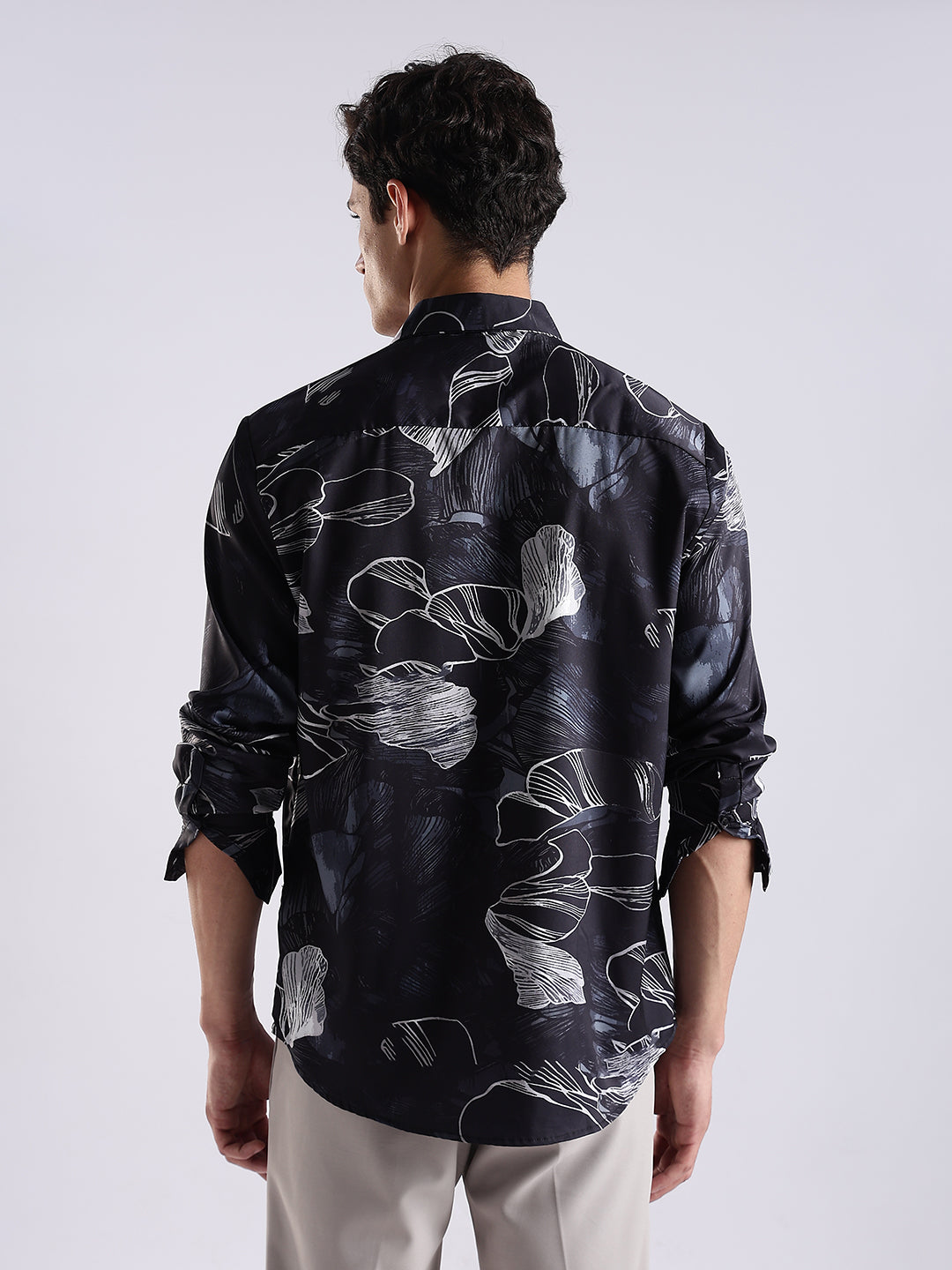 Men Black Satin Floral Art Printed Shirt