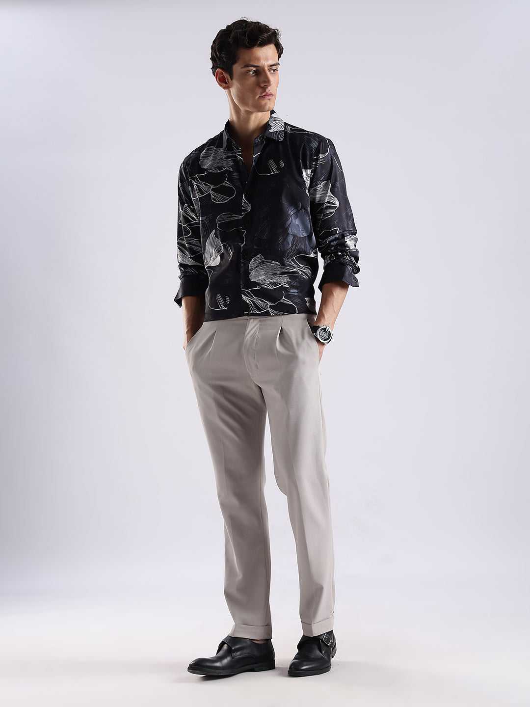 Men Black Satin Floral Art Printed Shirt