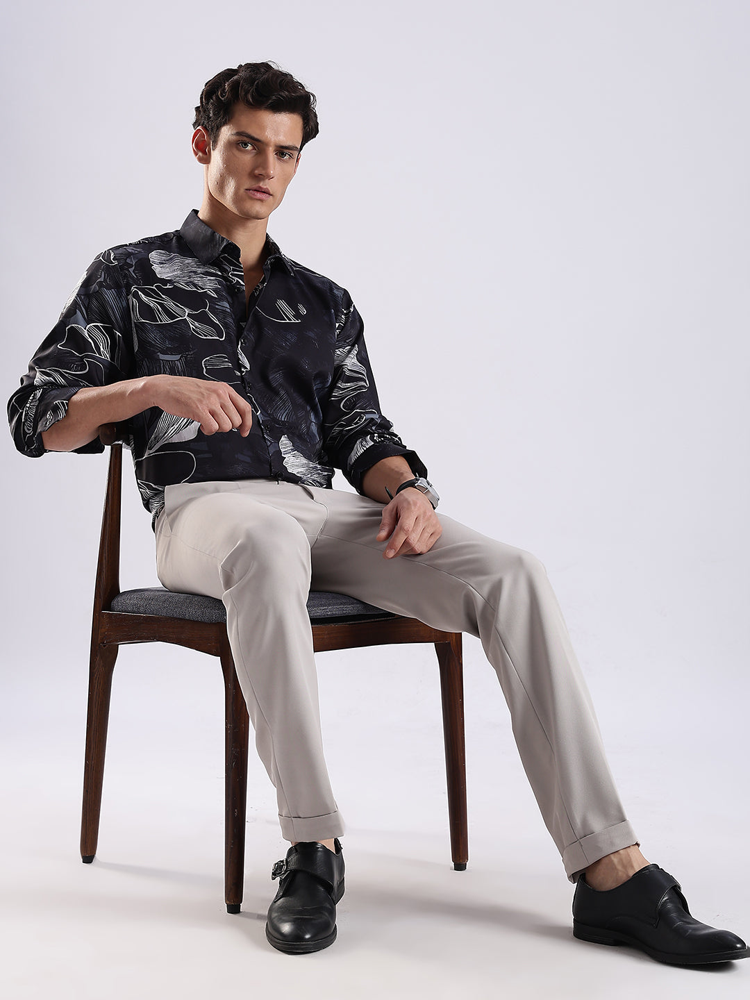 Men Black Satin Floral Art Printed Shirt