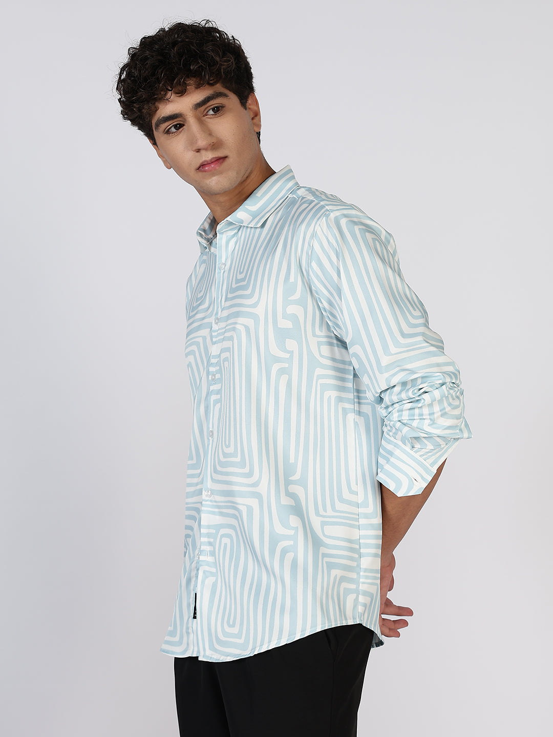 Men Sky Blue Satin Prints Regular Fit Shirt