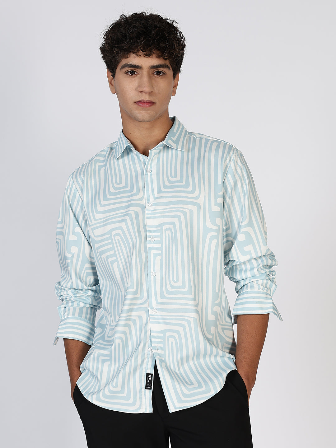 Men Sky Blue Satin Prints Regular Fit Shirt
