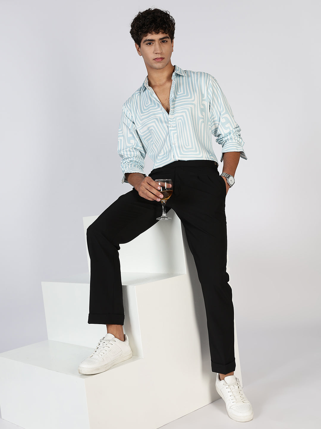 Men Sky Blue Satin Prints Regular Fit Shirt