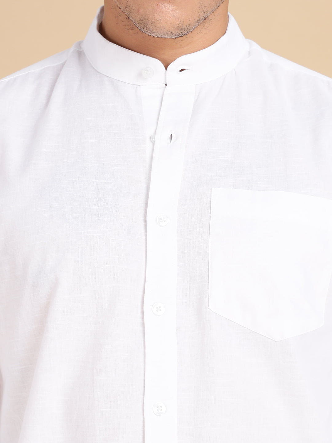 Mandarian Collared White Linen Shirt