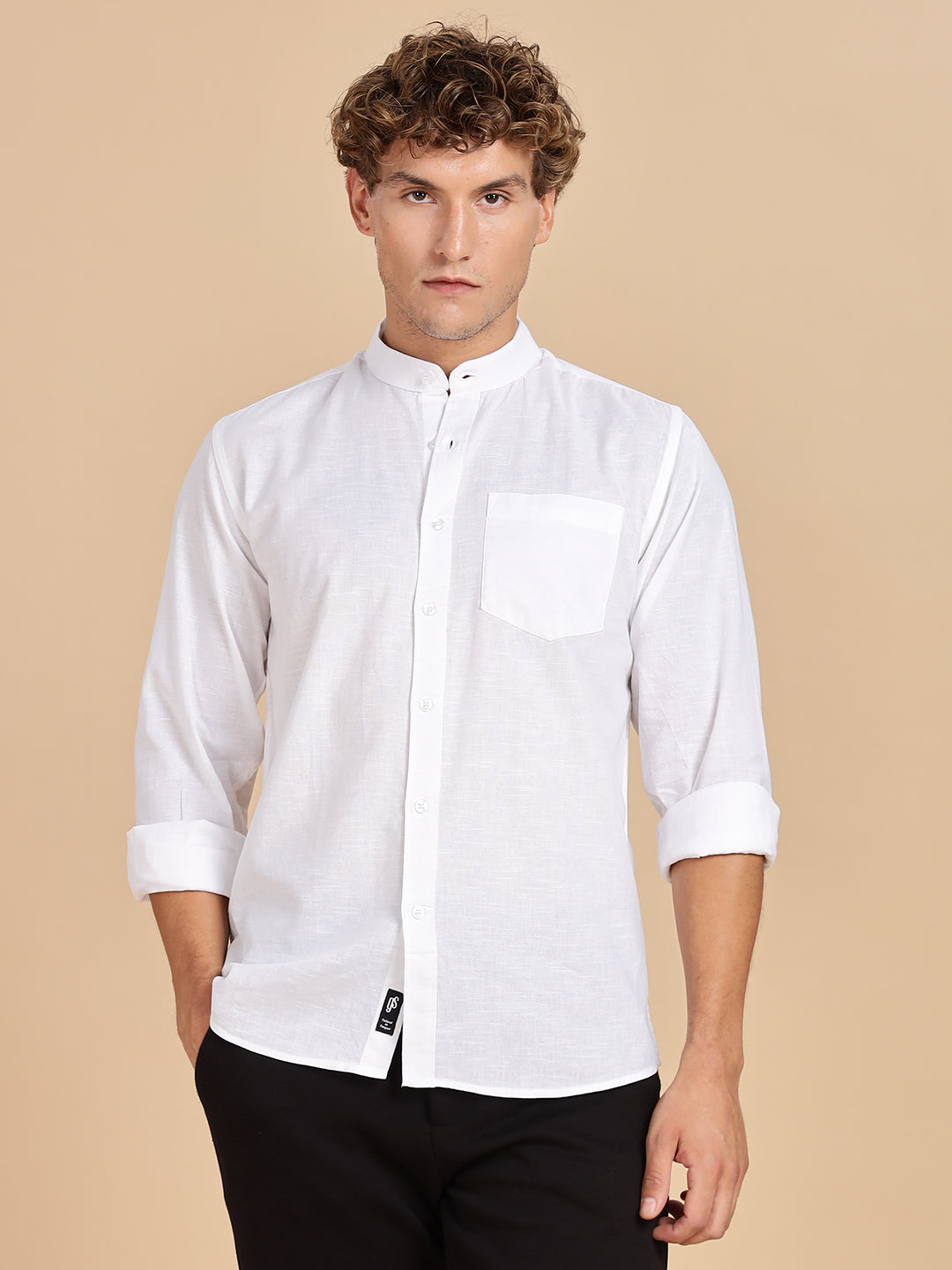 Mandarian Collared White Linen Shirt