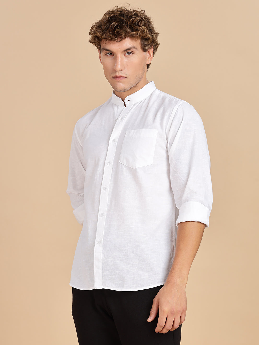 Mandarian Collared White Linen Shirt