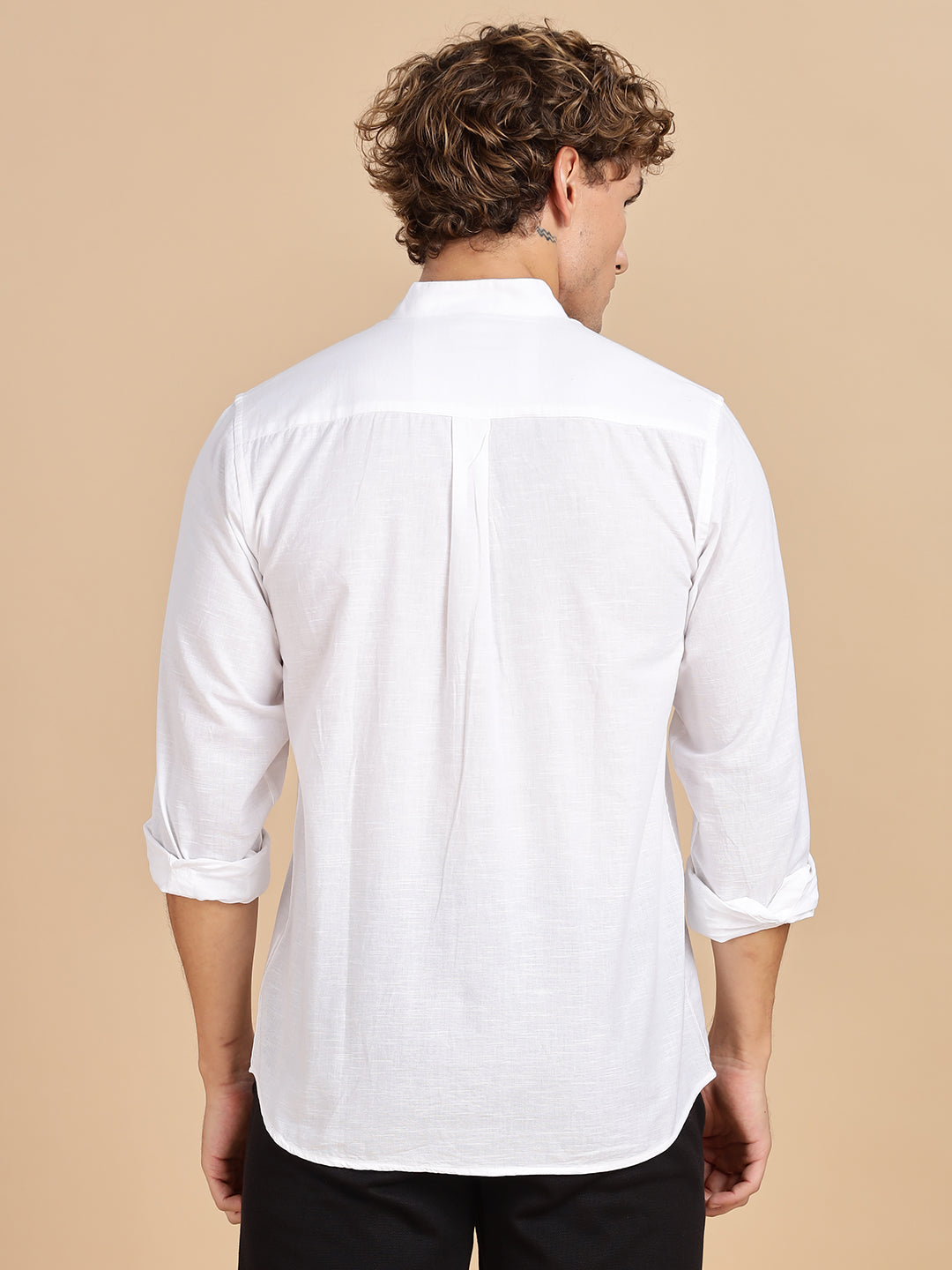 Mandarian Collared White Linen Shirt