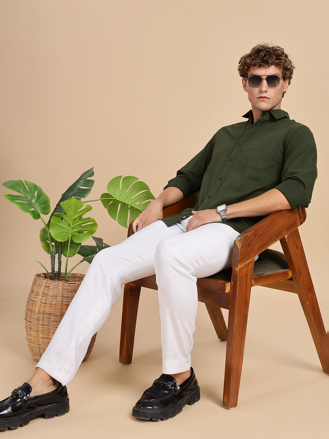 Bottle Green Spread Collar Shirt