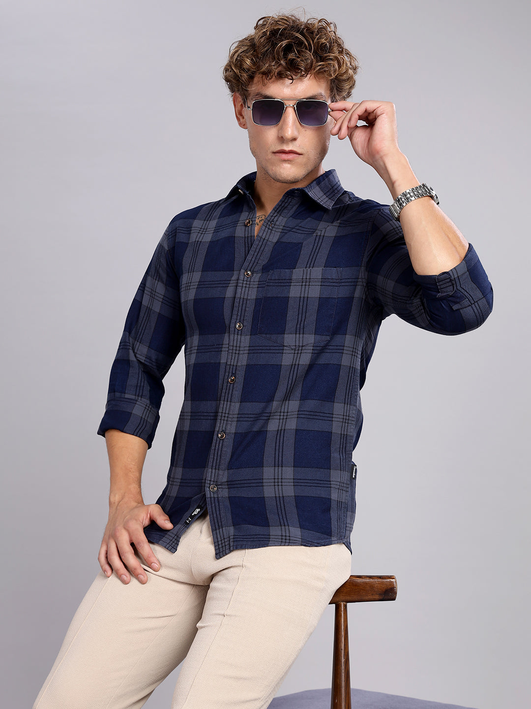 Indigo Checks Navy Grey Casual Shirt