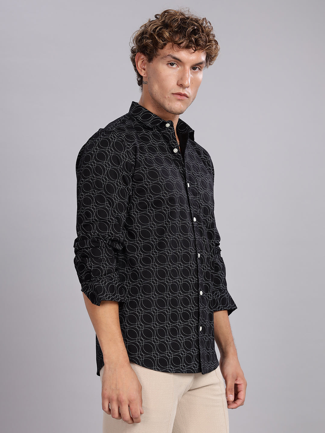Twill Spread Collar Black Cotton Shirt