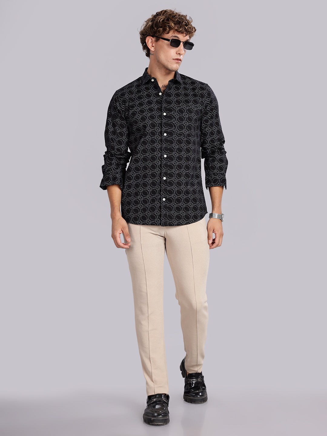 Twill Spread Collar Black Cotton Shirt