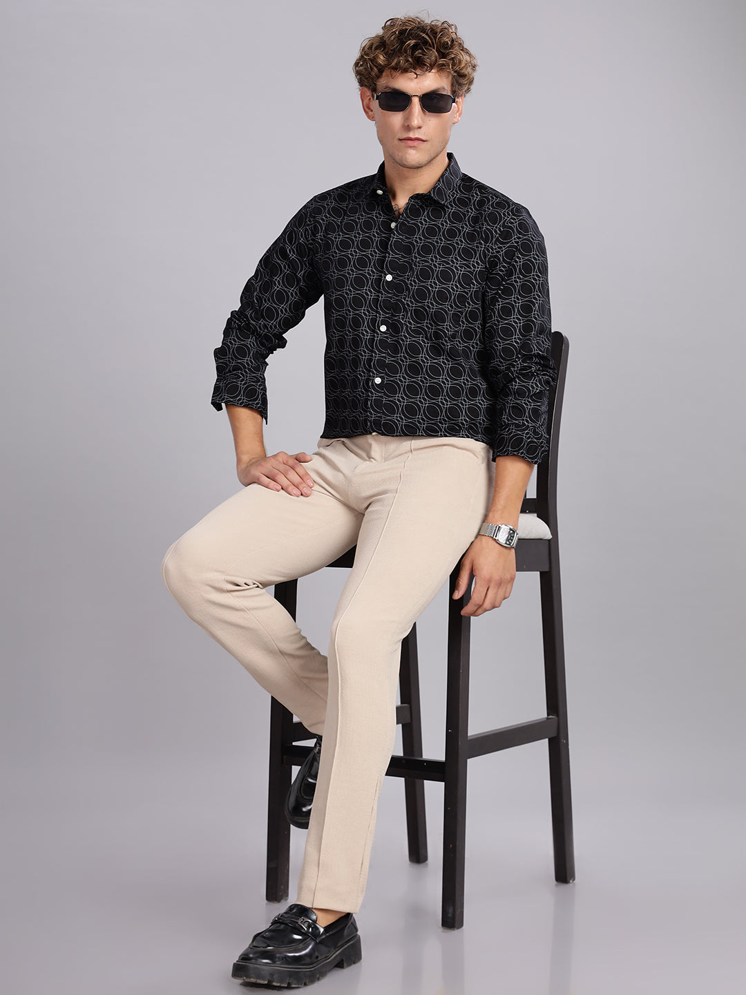 Twill Spread Collar Black Cotton Shirt