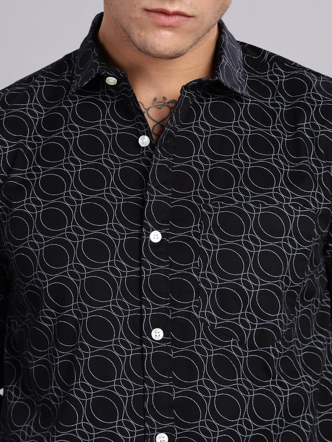 Twill Spread Collar Black Cotton Shirt