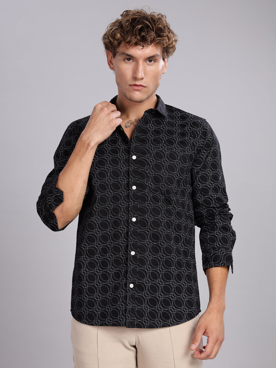 Twill Spread Collar Black Cotton Shirt