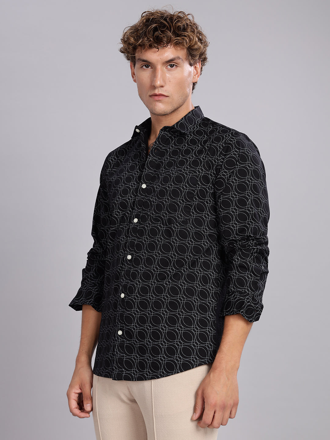 Twill Spread Collar Black Cotton Shirt