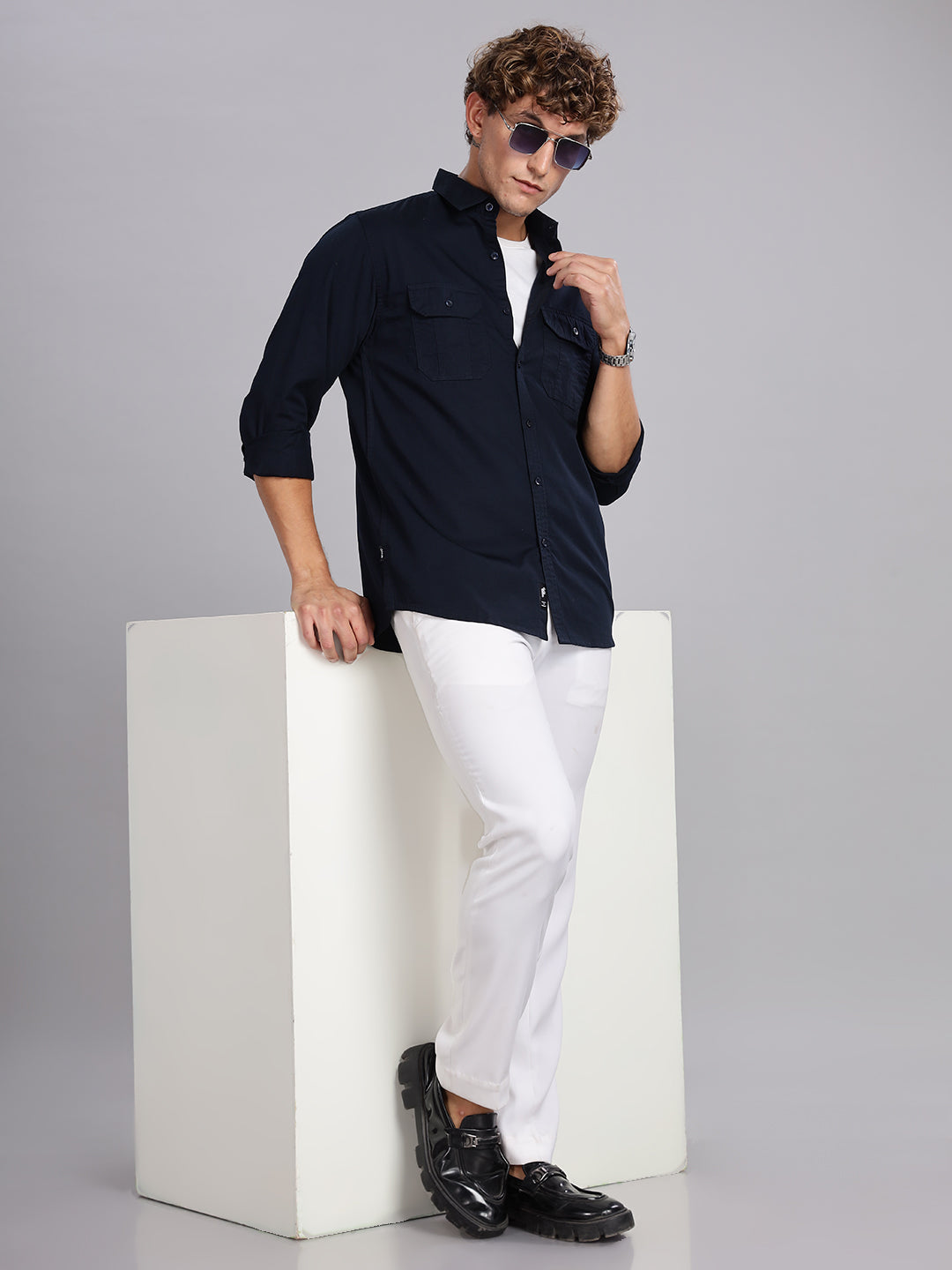 Navy Blue Spread Collar Shirt
