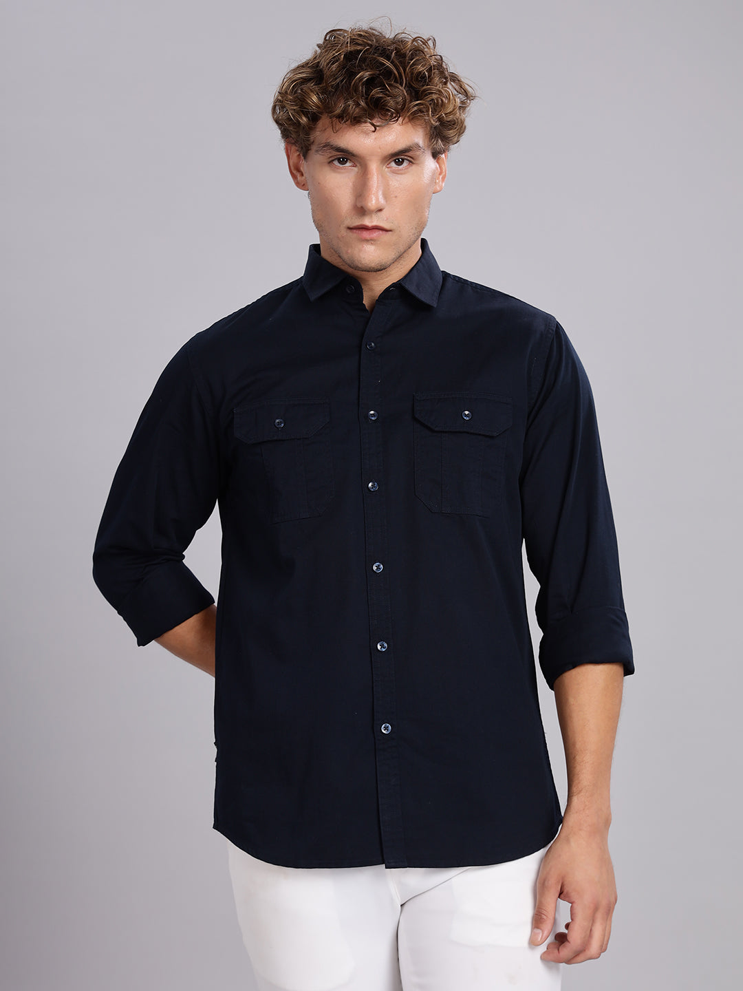 Navy Blue Spread Collar Shirt