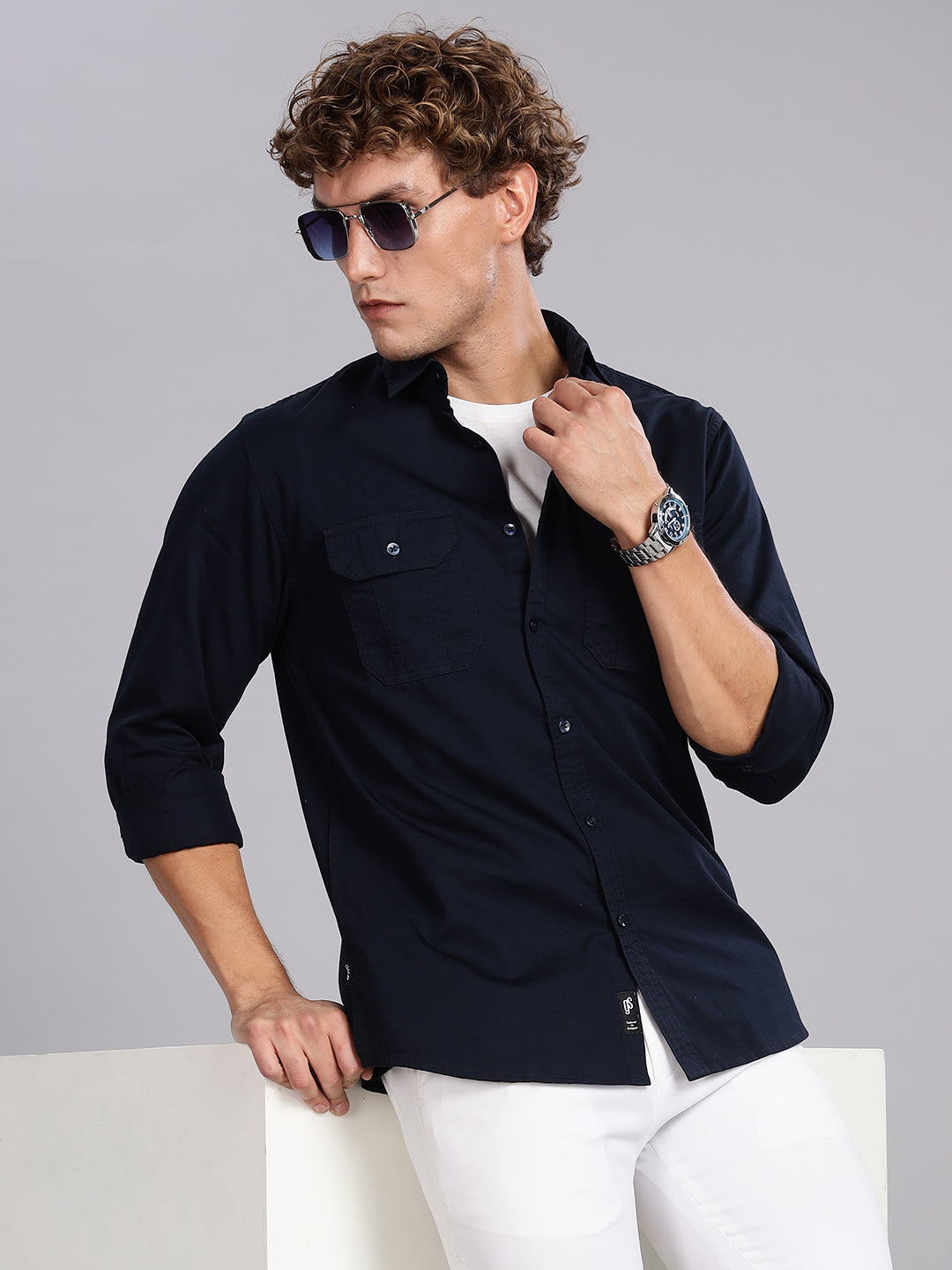 Navy Blue Spread Collar Shirt