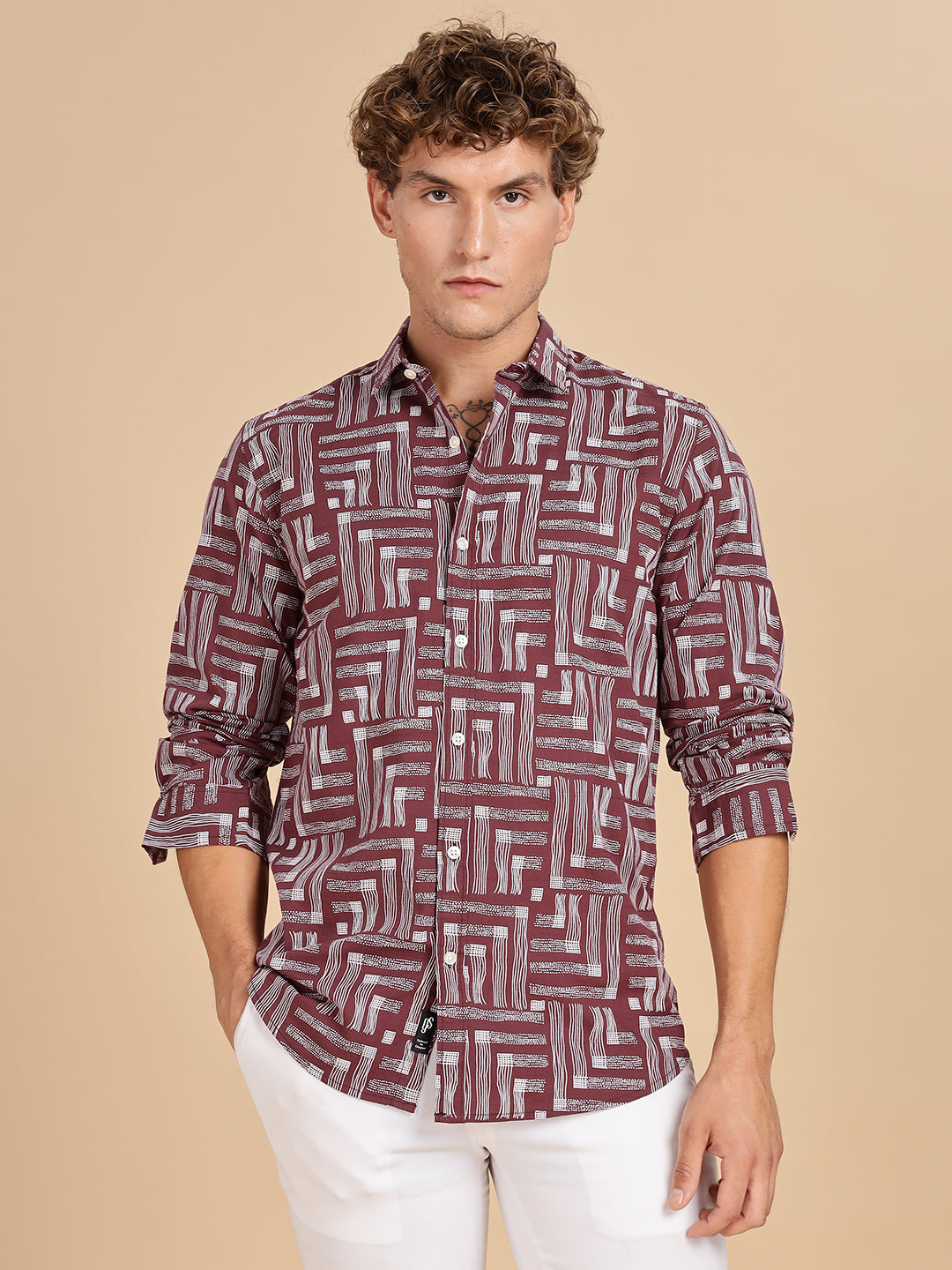 Printed Cotton Maroon Linen Shirt