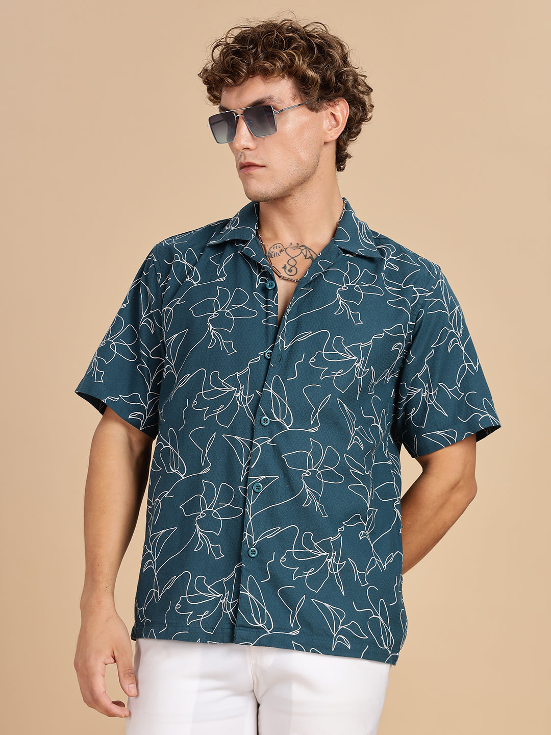 Cuban Collar Printed Teal Shirt
