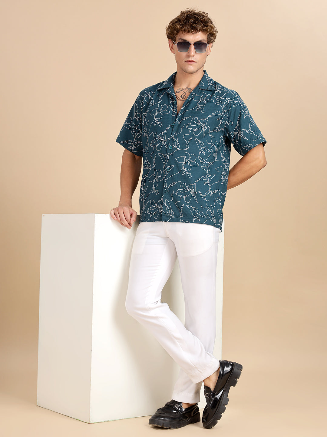 Cuban Collar Printed Teal Shirt
