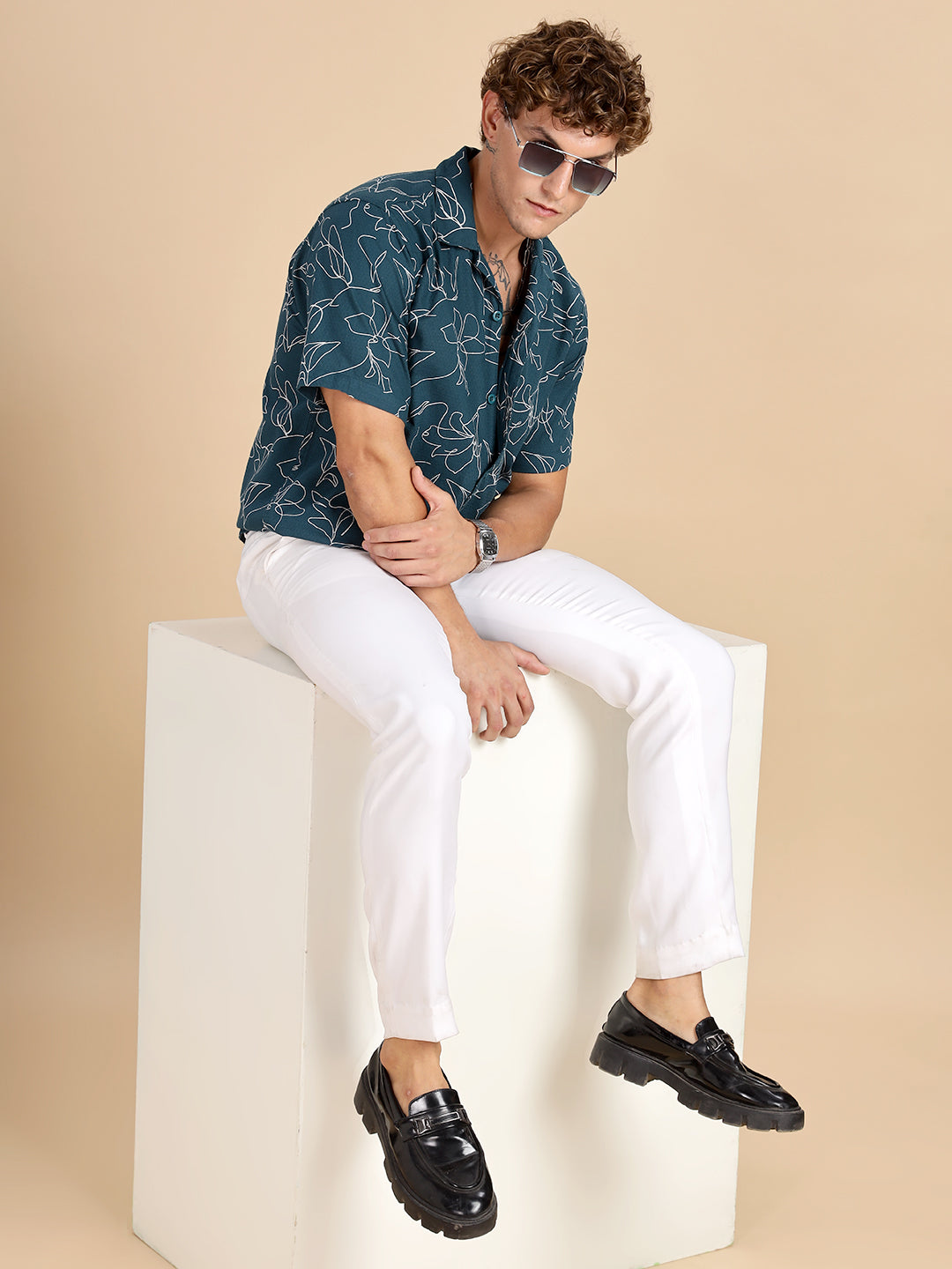 Cuban Collar Printed Teal Shirt