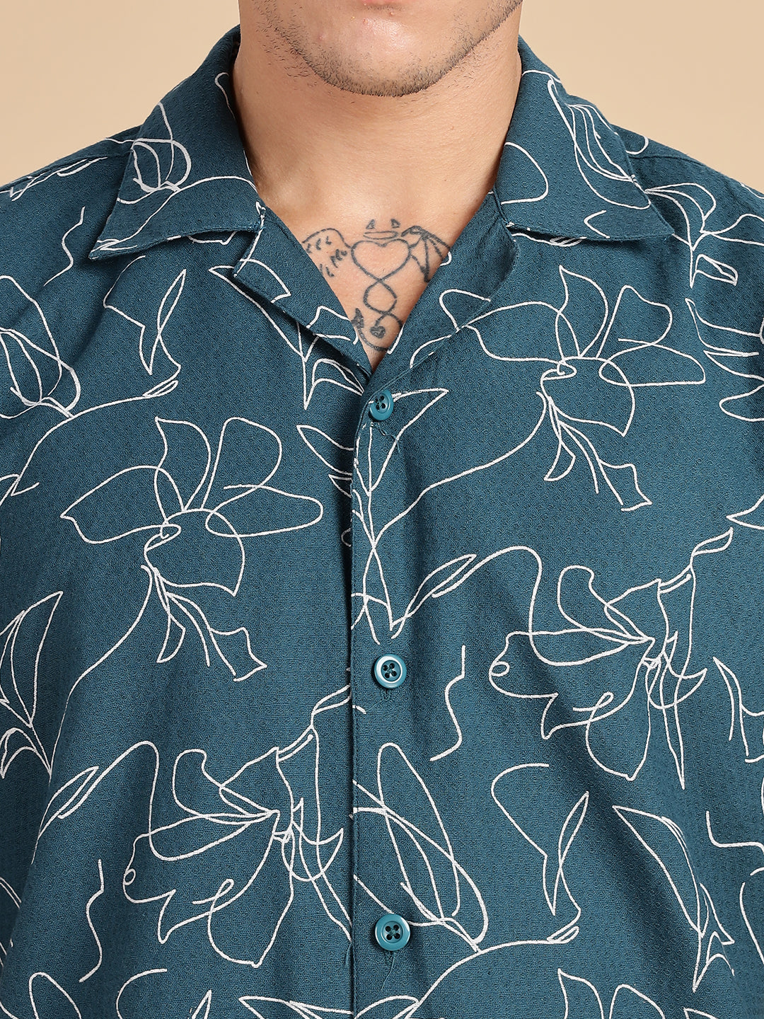 Cuban Collar Printed Teal Shirt