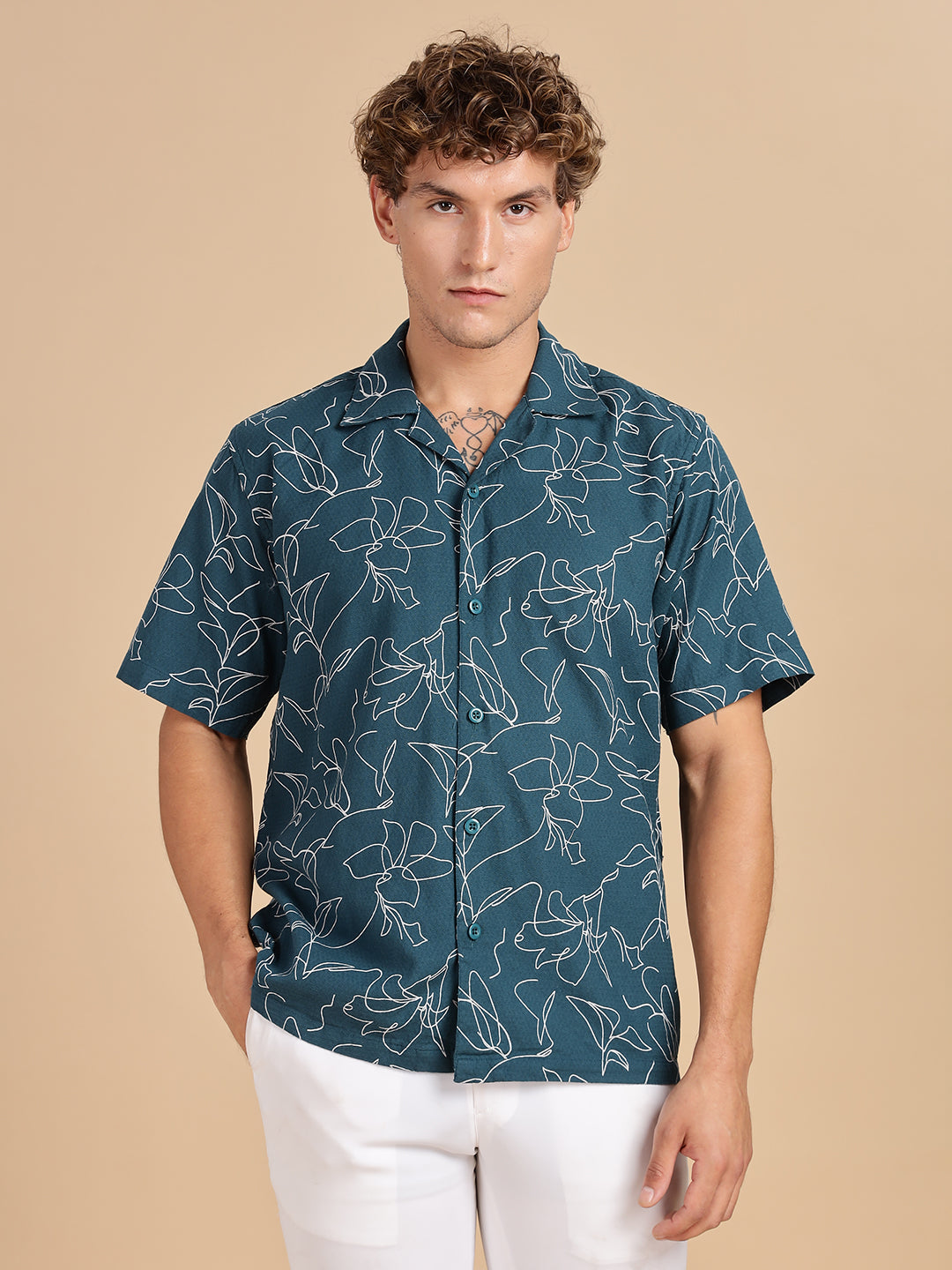 Cuban Collar Printed Teal Shirt