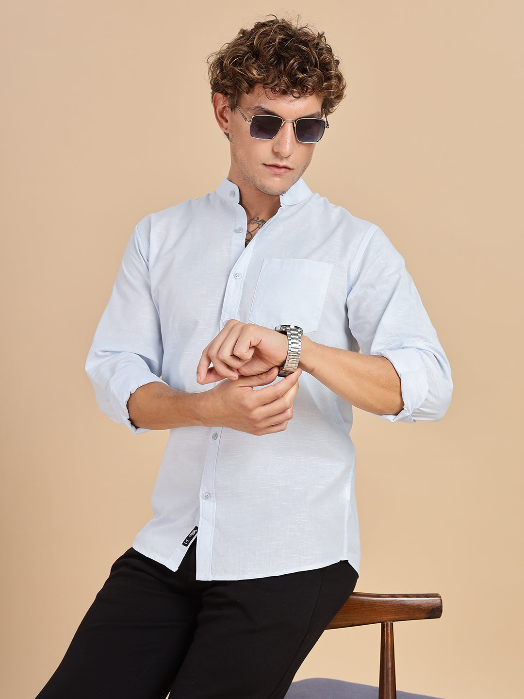 Mandarian Collared Sky Blue Linen Shirt