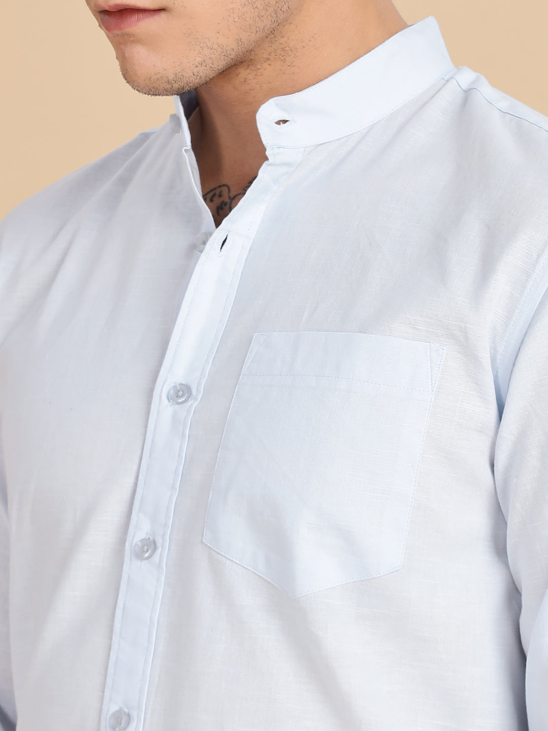 Mandarian Collared Sky Blue Linen Shirt