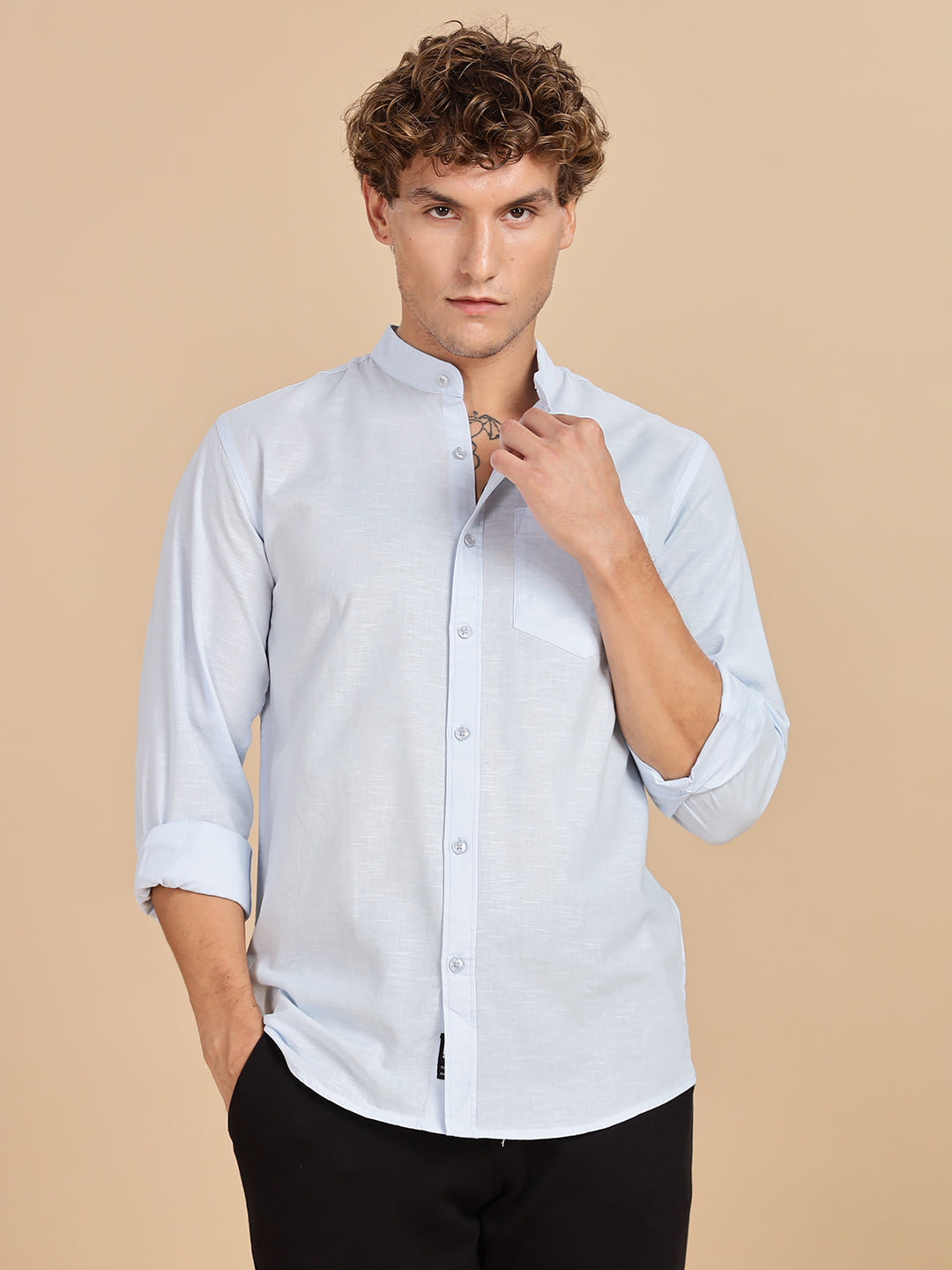 Mandarian Collared Sky Blue Linen Shirt