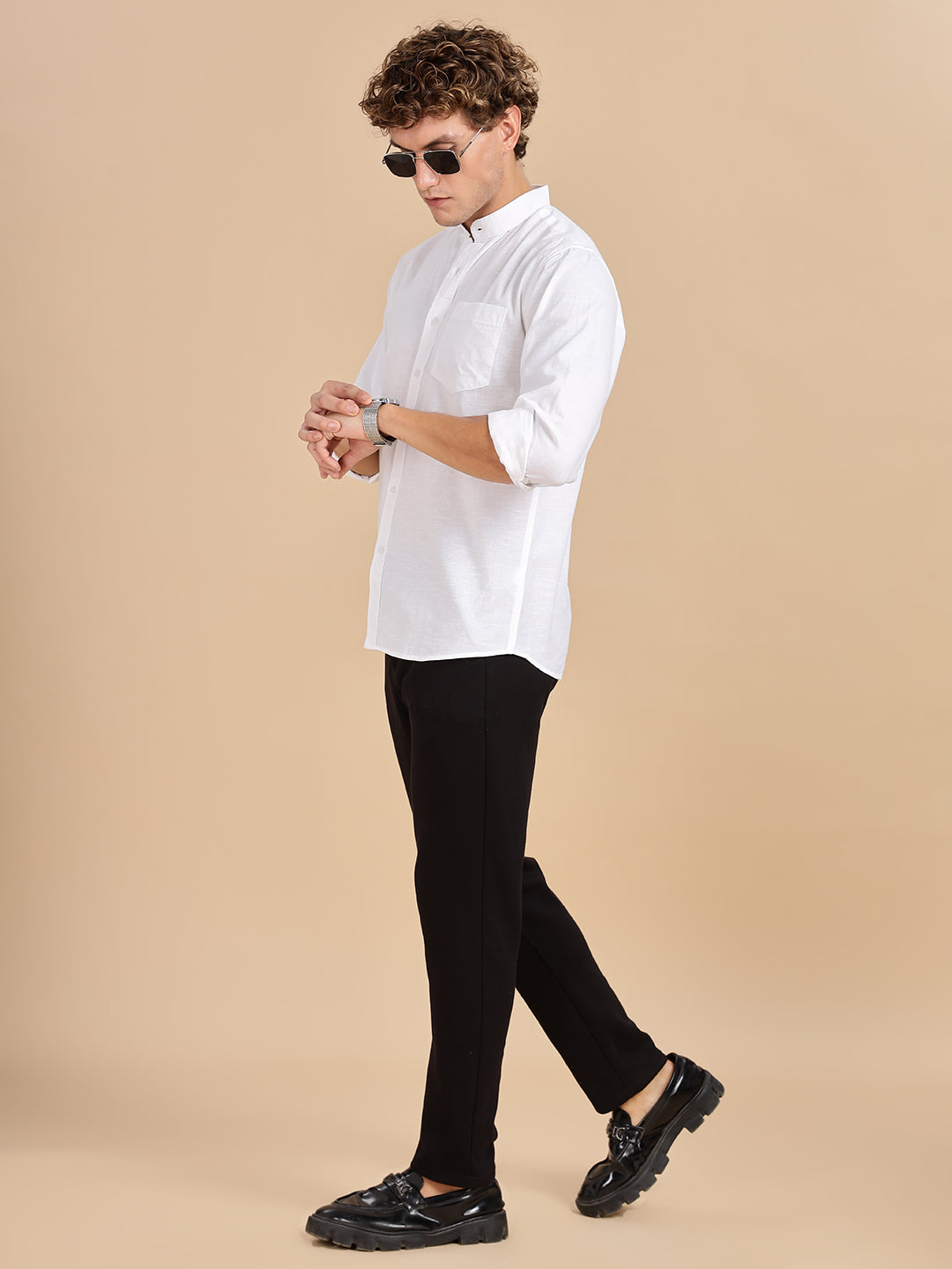 Mandarian Collared White Linen Shirt
