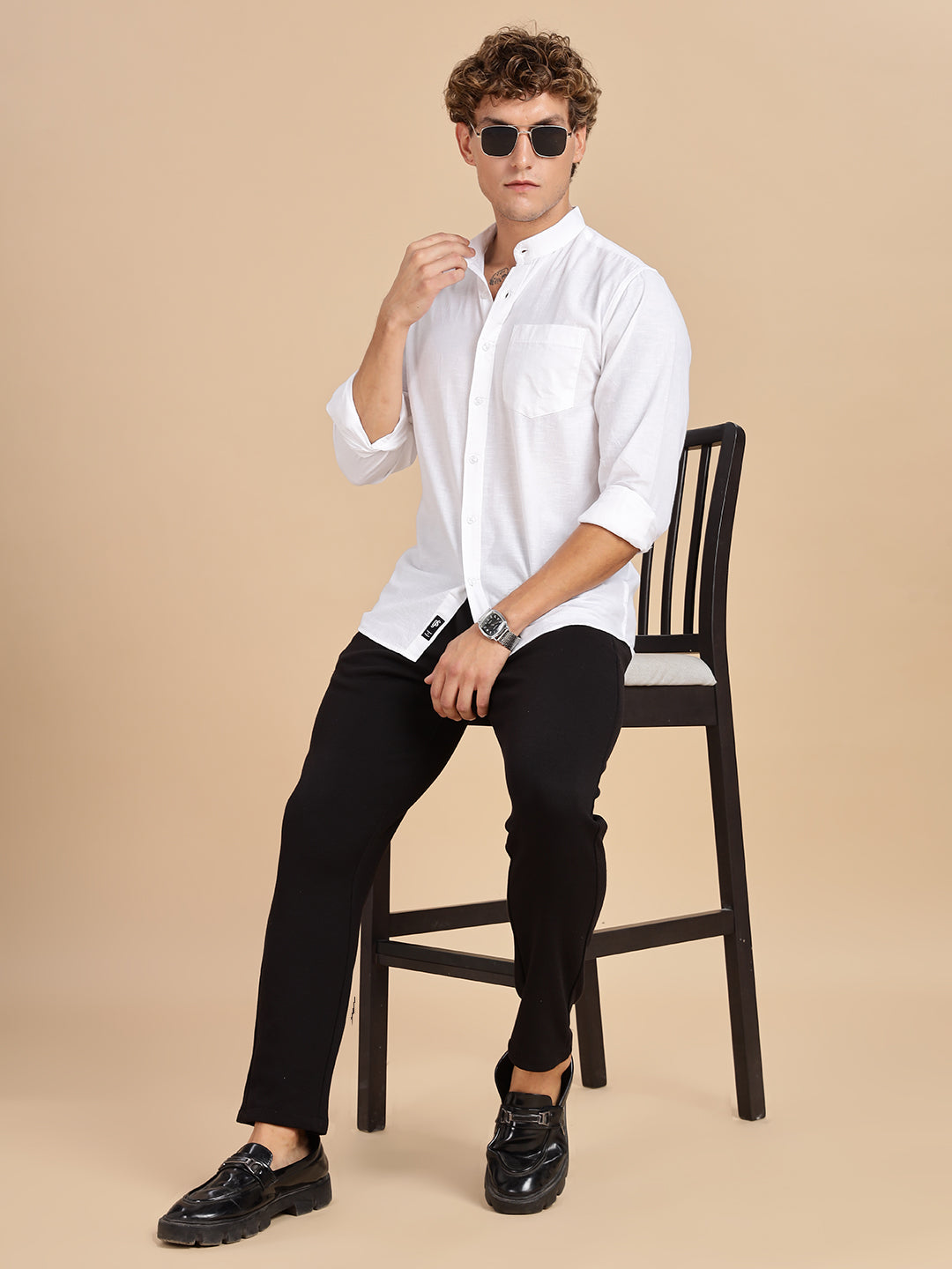 Mandarian Collared White Linen Shirt