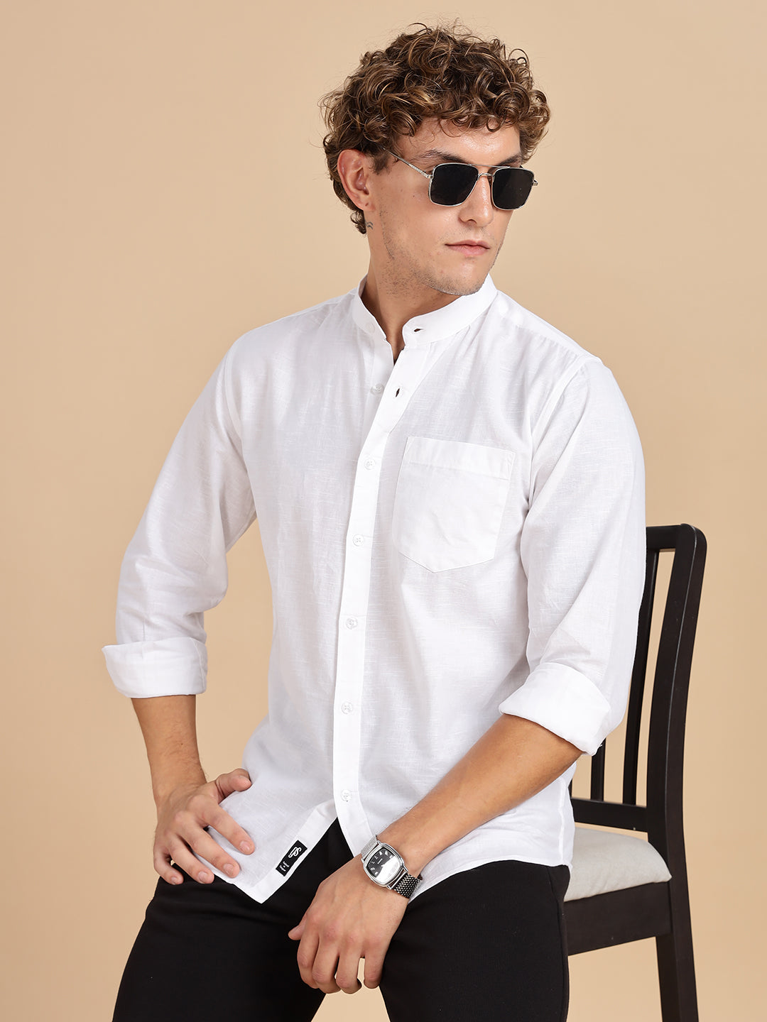 Mandarian Collared White Linen Shirt